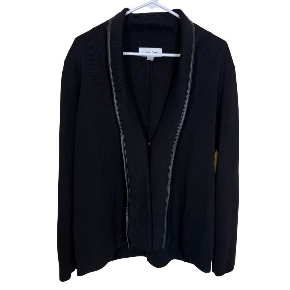 Calvin Klein Black Open Front Cardigan with Faux Leather Trim | Size Large